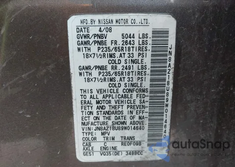 2009 Nissan Murano Sl z USA, uszkodzony, nr VIN JN8AZ18U89W014640